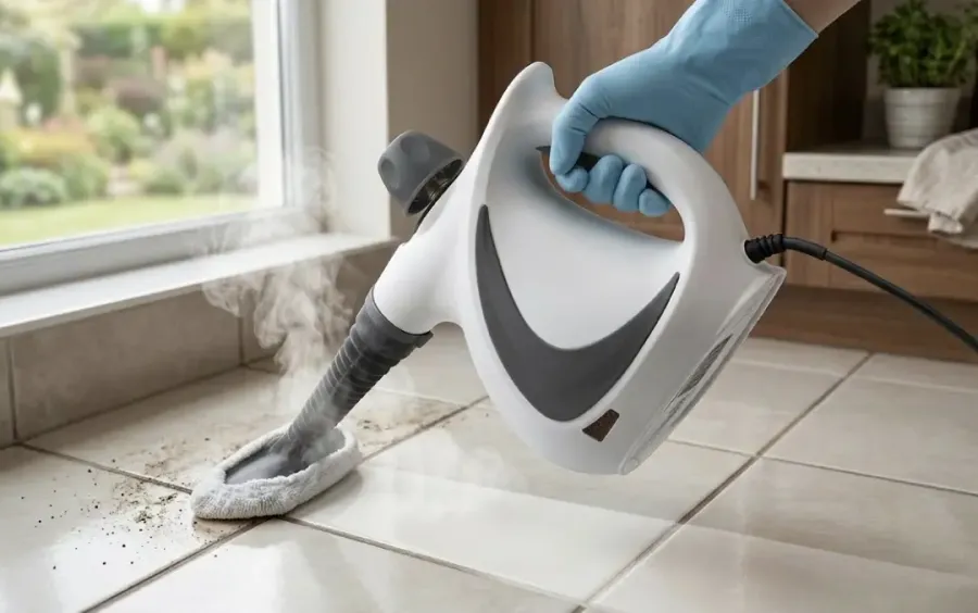 Steam cleaning floor tiles with the Qinux Vapoxis and its microfiber pad